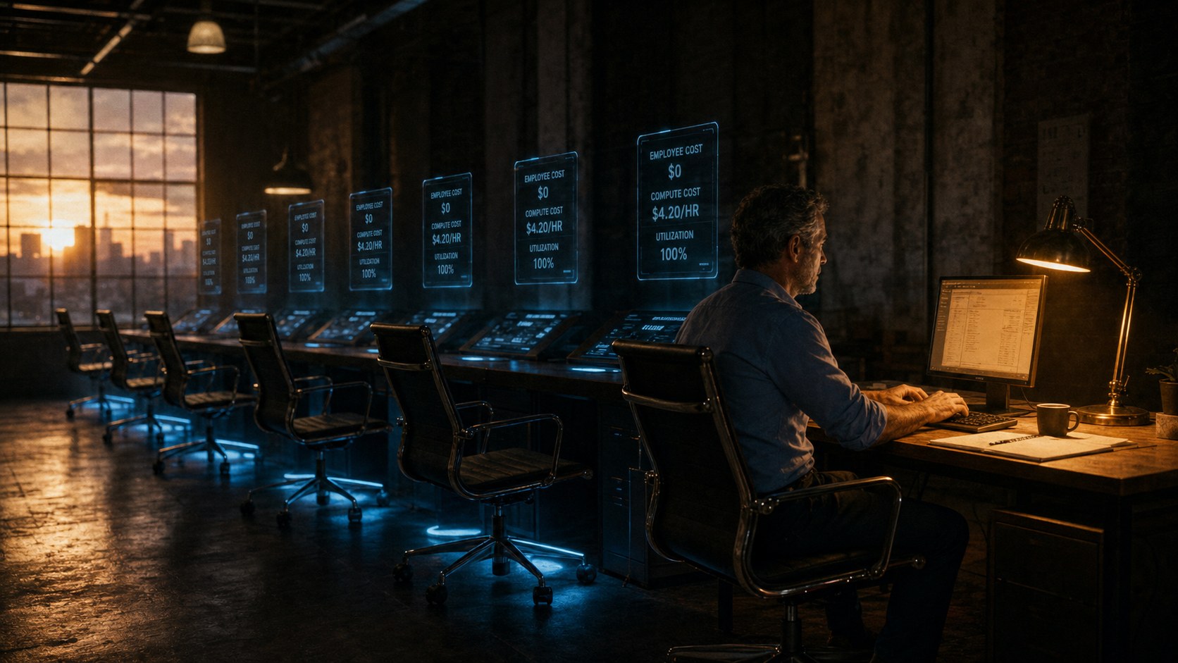 A row of automated workstations showing $4.20/HR compute cost panels — the last human in the loop at the ember-lit desk